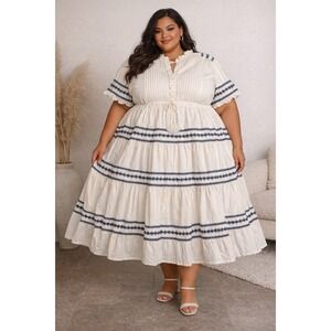 Ivy City Co Santorini White Blue Embroidered Tiered Midi Dress Cotton SZ 5X Plus